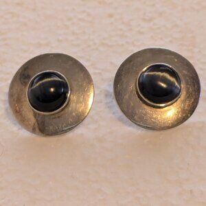 Vtg. 925 Sterling Silver Glass Faux Tiger Eye Disc Circular Clip On Earrings
